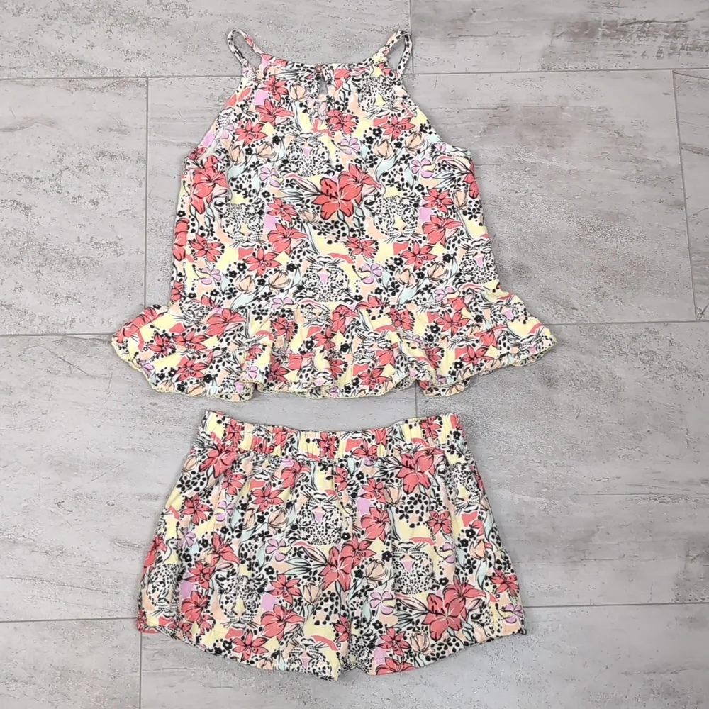 Vince Camuto Linen Tank Top Shirts Matching Set Floral Tiger Girls Size 8 Pink